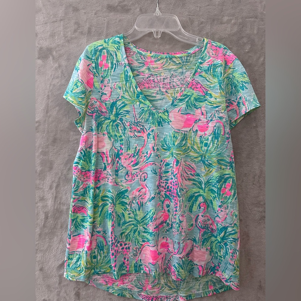 Lilly Pulitzer Top Small  Pink & Teal Flamingo Tropical Print V-Neck Tee